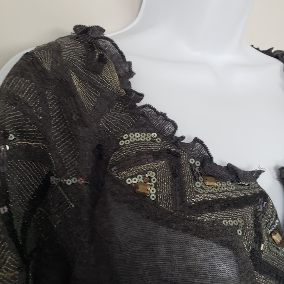 Bohme Small Charcoal Grey Cold Shoulder Blouse V-neck Sequin Embellishments Top - Picture 10 of 10